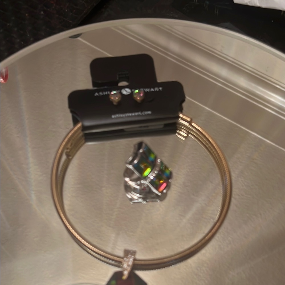 Gold Bangle Bracelet with Colorful Stone Ring
